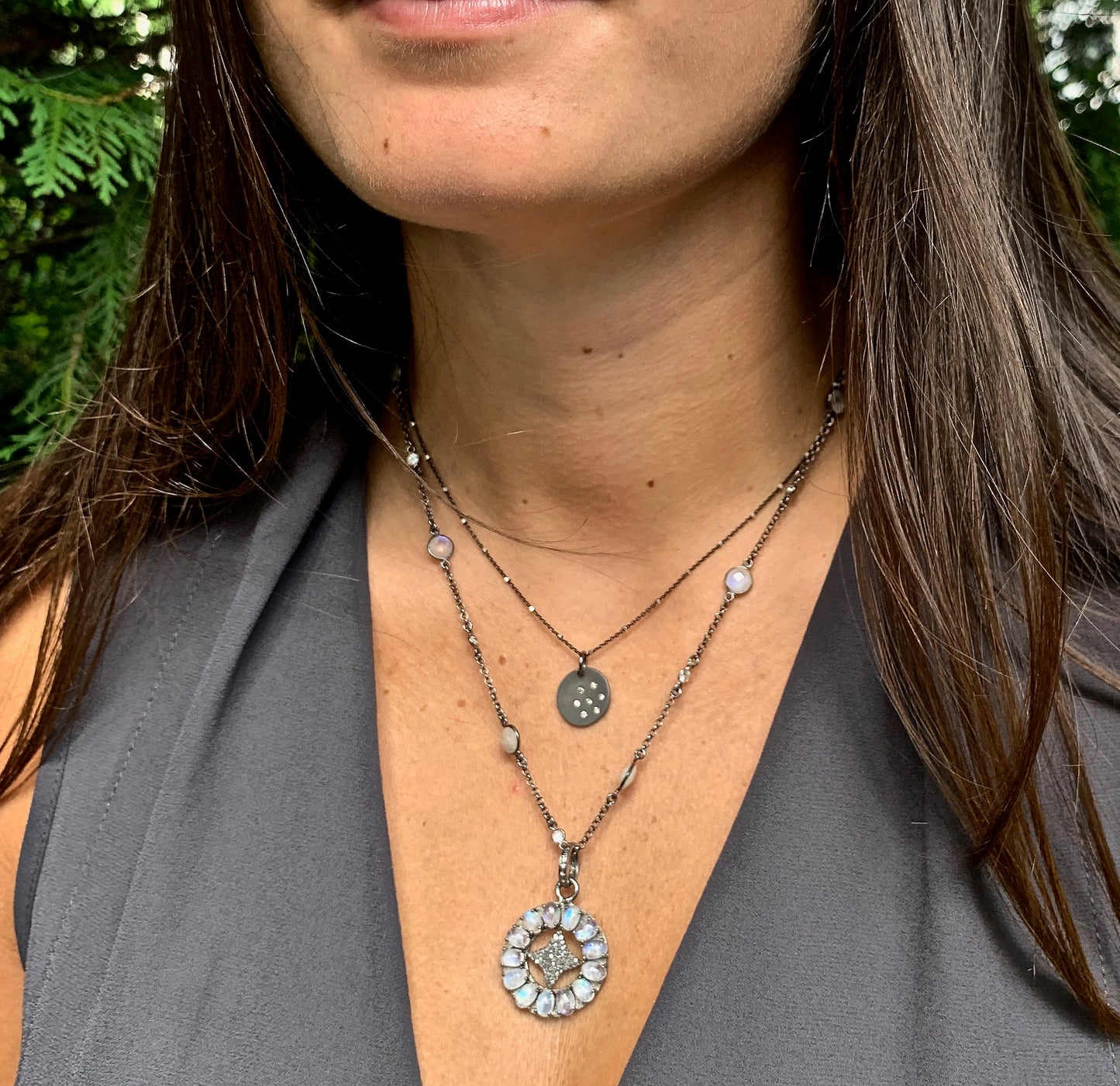 Necklace with Oxidized Silver Disc with Diamonds