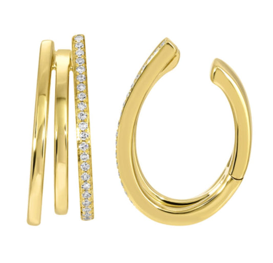 14k Yellow Gold and Diamond 3 Strand Ear Cuff / Sold as Single