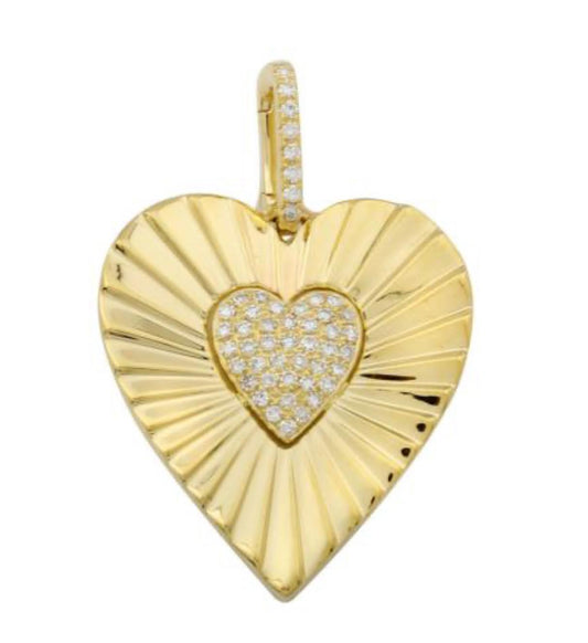 14k Yellow Gold and Diamond Fluted Heart Charm