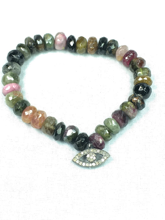 Devon Road Diamond Third Eye Charm hanging on Beautiful Tourmaline Stone Stetch Bracelet