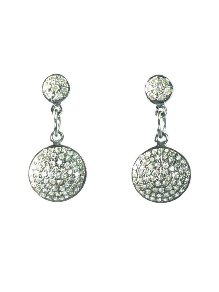 Devon Road Pave Diamond Discs set in Sterling Silver hanging on Diamond Disc Posts