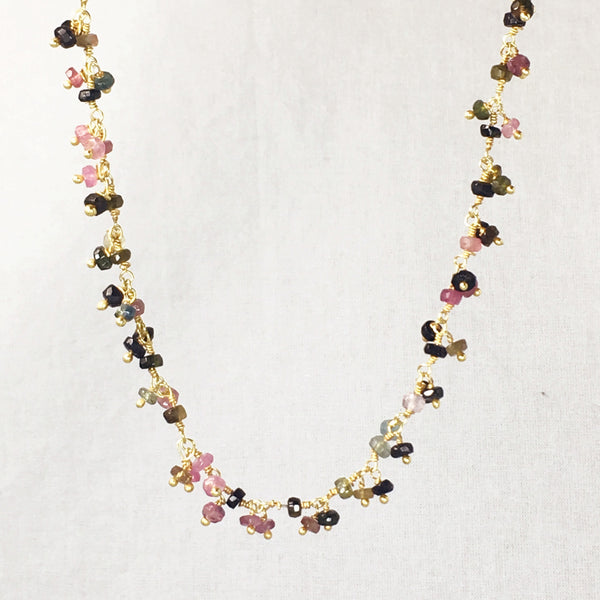 Devon Road Hanging Colorful Tourmaline Fauceted Beads on Gold fill wire chain