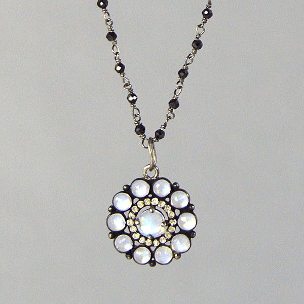 Small Moonstone and Diamond Flower on Black Spinel Rosary Chain Necklace