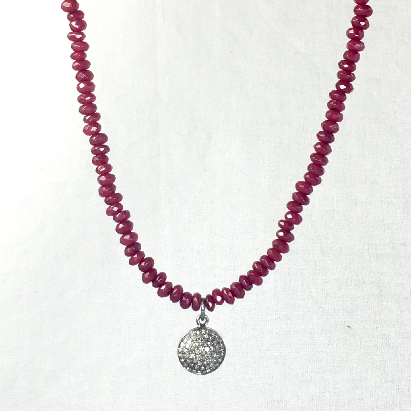 Devon Road Diamond Pave Disc set in Sterling Silver on Ruby Bead Necklace