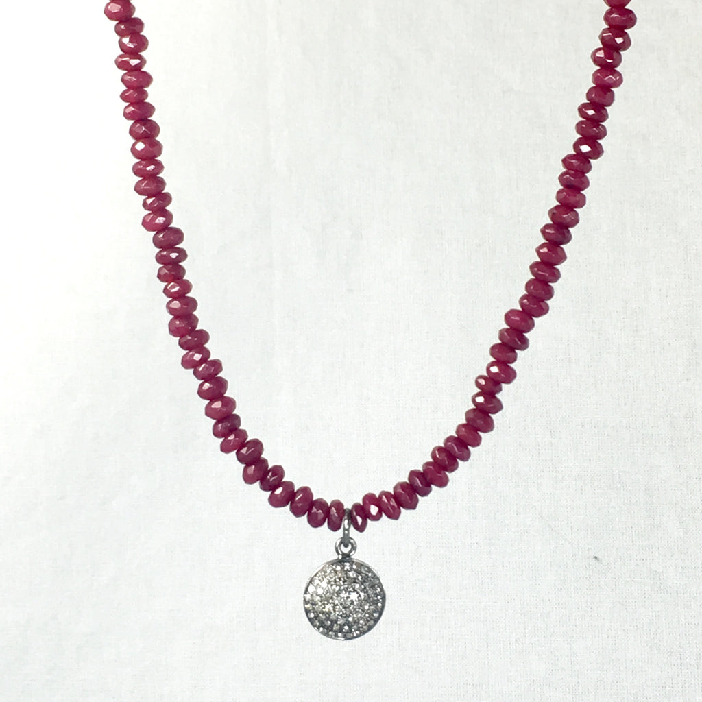 Devon Road Diamond Pave Disc set in Sterling Silver on Ruby Bead Necklace
