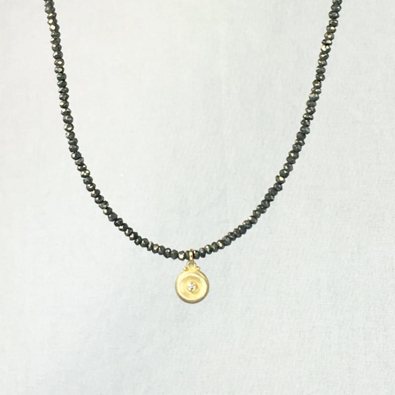 Devon Road Diamond on Gold Vermeil Disc on Pyrite Bead Necklace