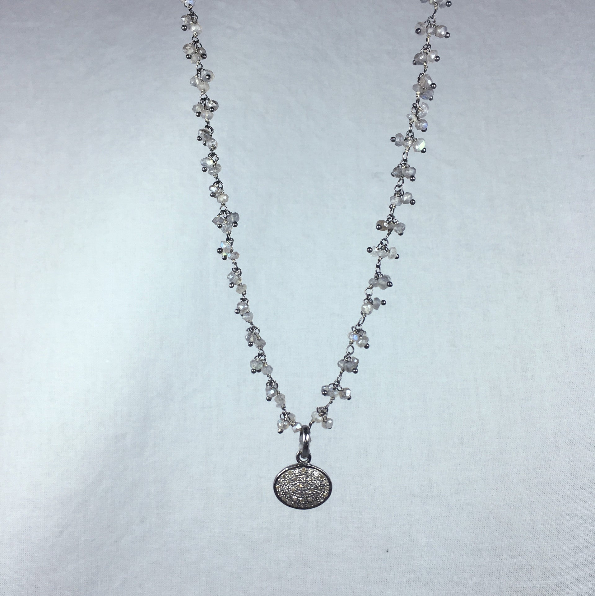 Devon Road Diamond and Sterling Oval Pendant on Hanging Labradorite Bead Necklace