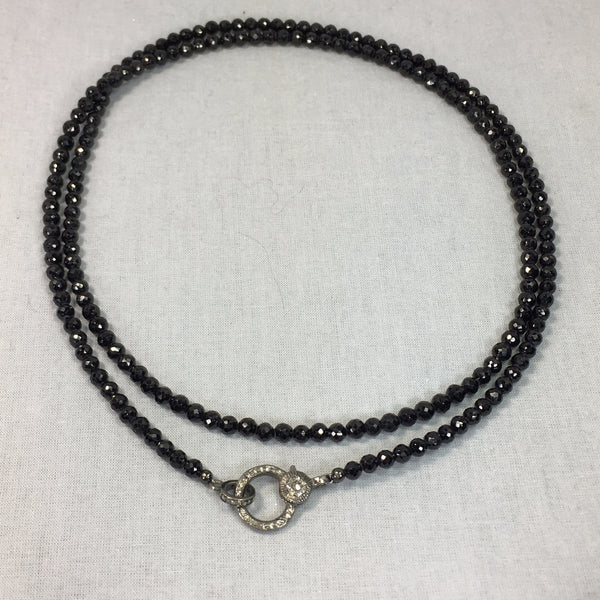 Devon Road Diamond and sterling silver round clasp on 32 inch black spinel bead necklace