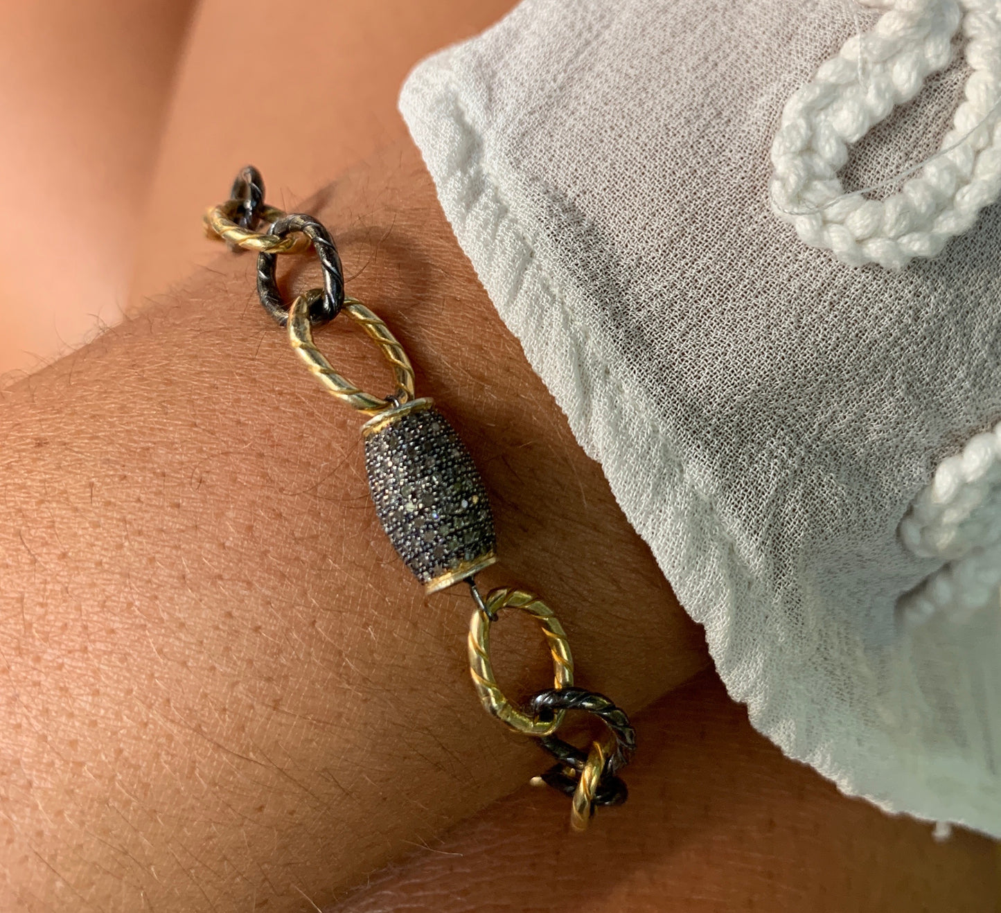 Mixed Metal Link Bracelet with Pavé Diamond Barrel