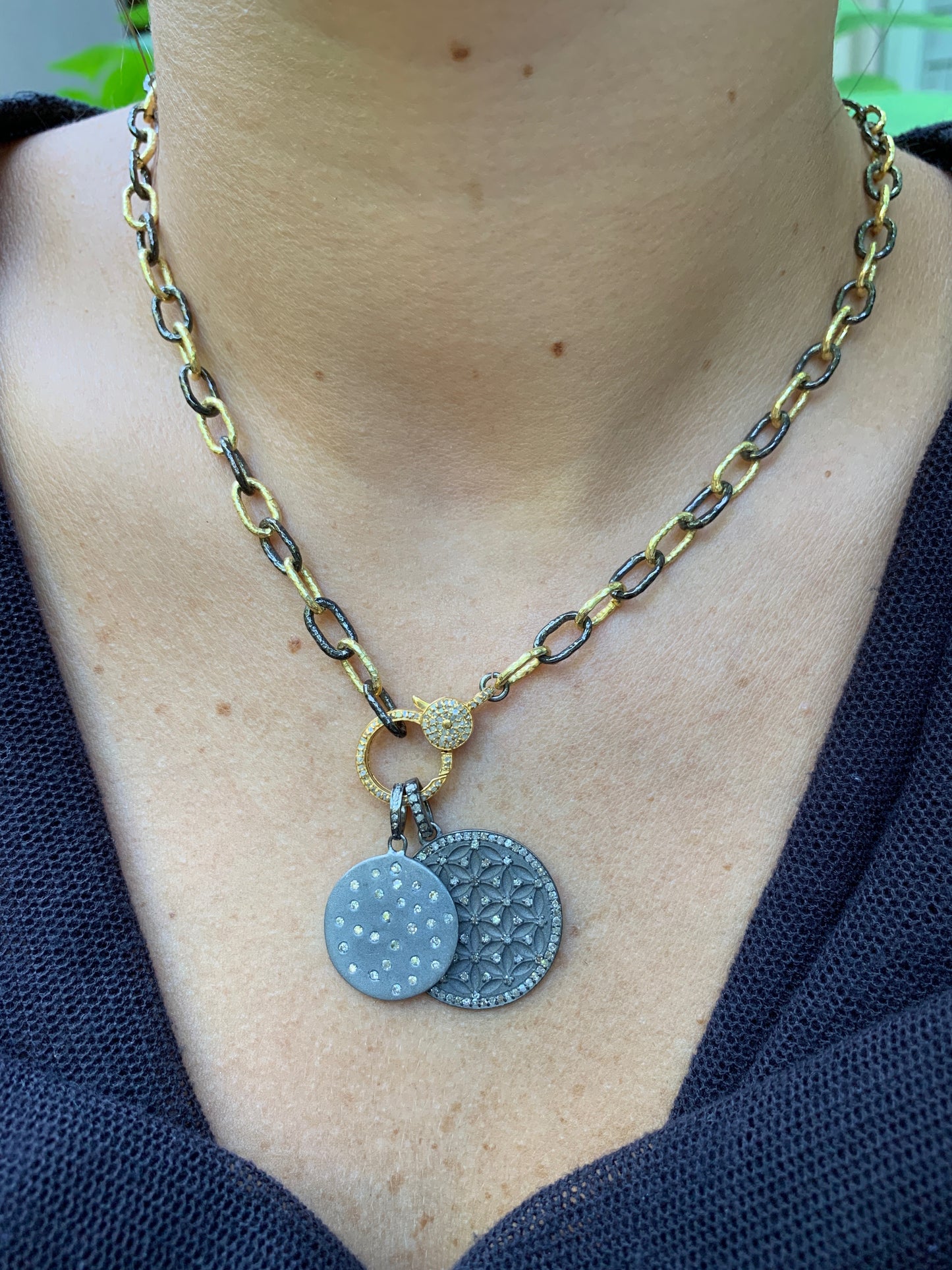 Oxidized Silver Disc Charm with Scattered Diamonds