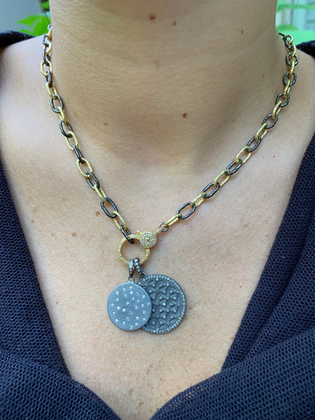 Oxidized Silver Disc with Tiny Scattered Diamonds