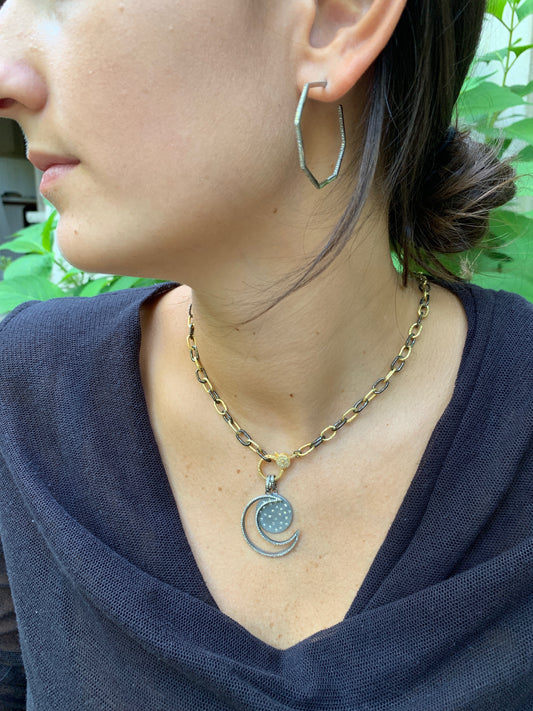 Oxidized Silver Disc with Tiny Scattered Diamonds