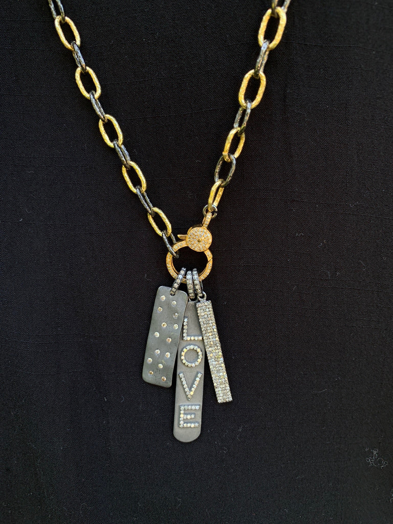 Oxidized Silver Dog Tag Charm with Scattered Diamonds
