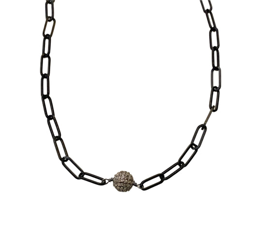 Silver Diamond Ball with Black Matte Paperclip Chain