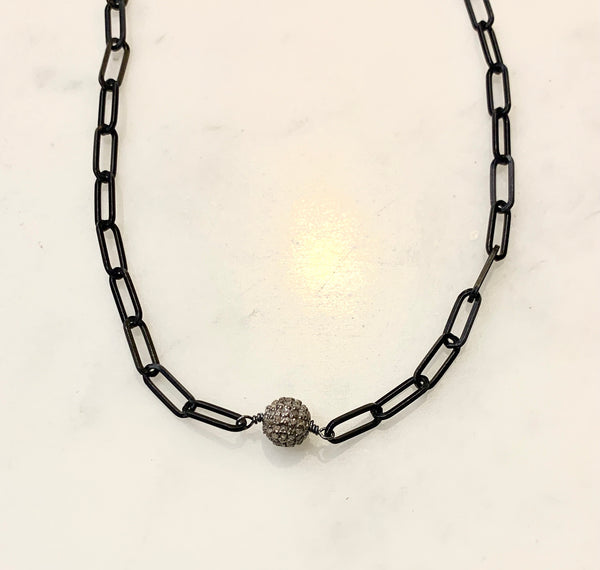 Silver Diamond Ball with Black Matte Paperclip Chain