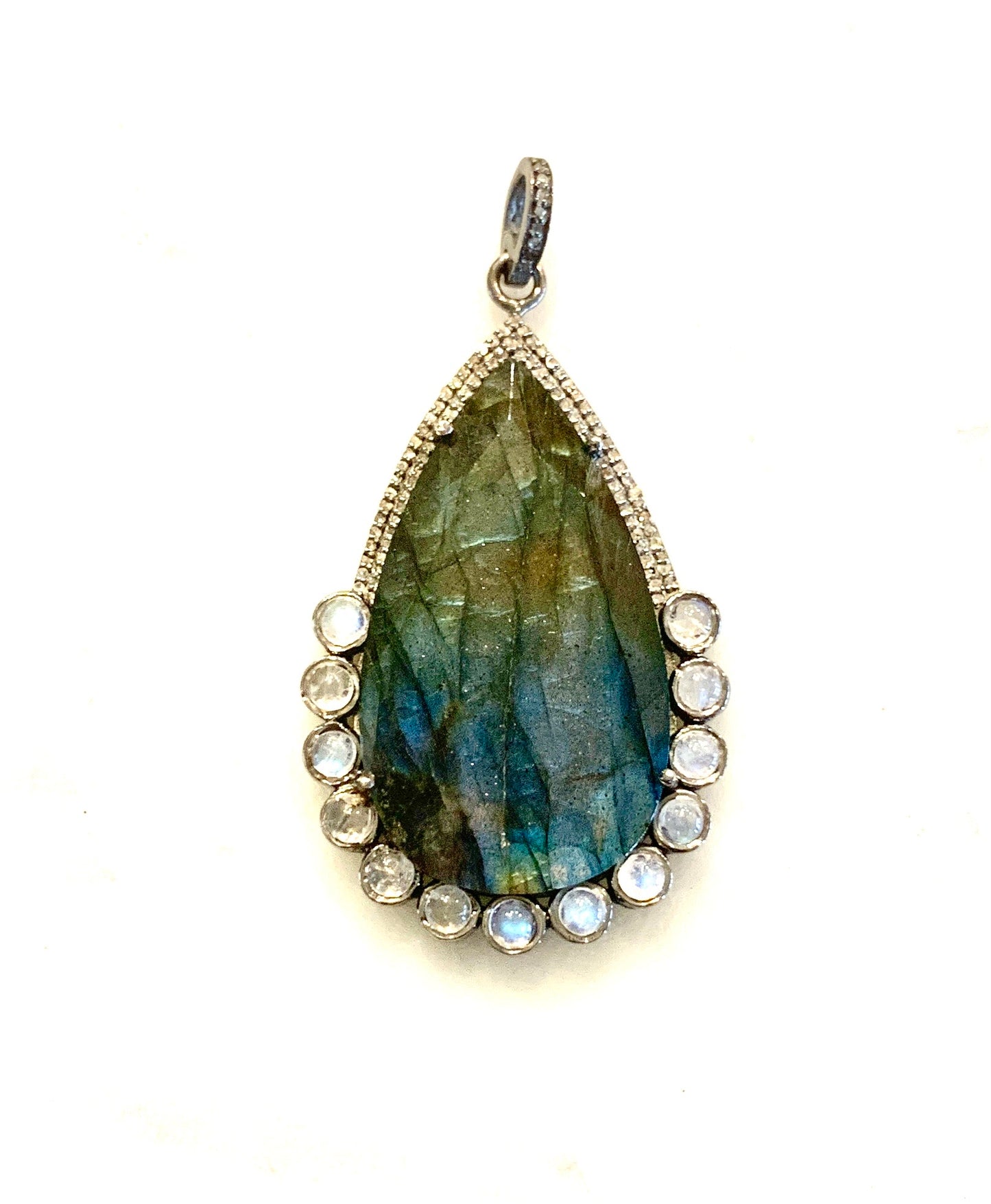 Labradorite Teardrop Pendant with moonstone and diamonds