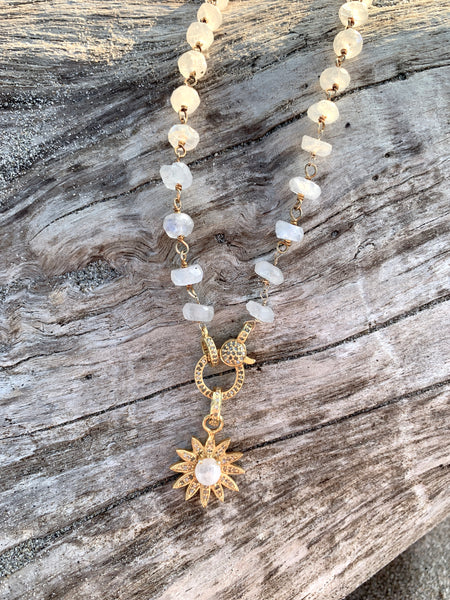 Moonstone Flower on Diamond Clasp Necklace