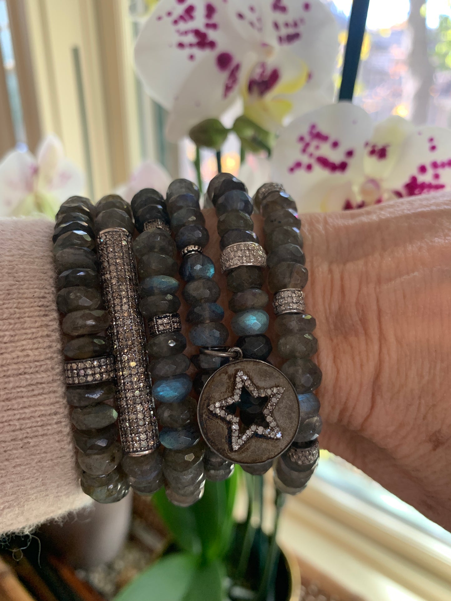 Three Row Diamond Barrel with Labradorite Bracelet