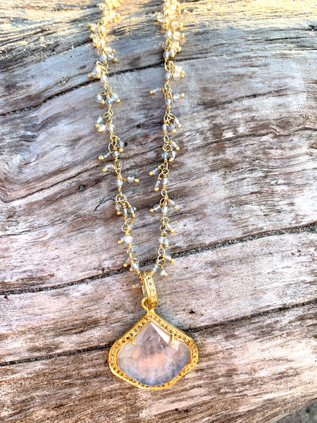 Large Moonstone Drop with Gold and Diamond halo on hanging moonstone chain