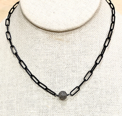 Silver Diamond Ball with Black Matte Paperclip Chain