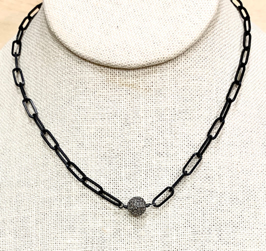 Silver Diamond Ball with Black Matte Paperclip Chain