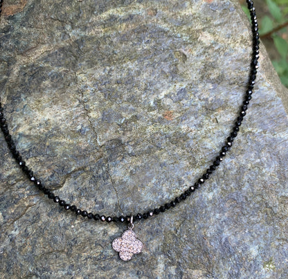 Pavé Clover and Black Spinel Necklace